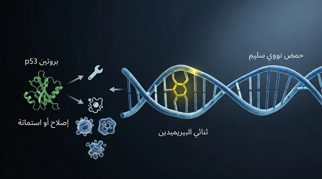 تصوير ثلاثي الأبعاد واقعي يوضّح تلف الحمض النووي بأشعة UVB وتكوّن ثنائي البيريميدين وتفعيل بروتين p53