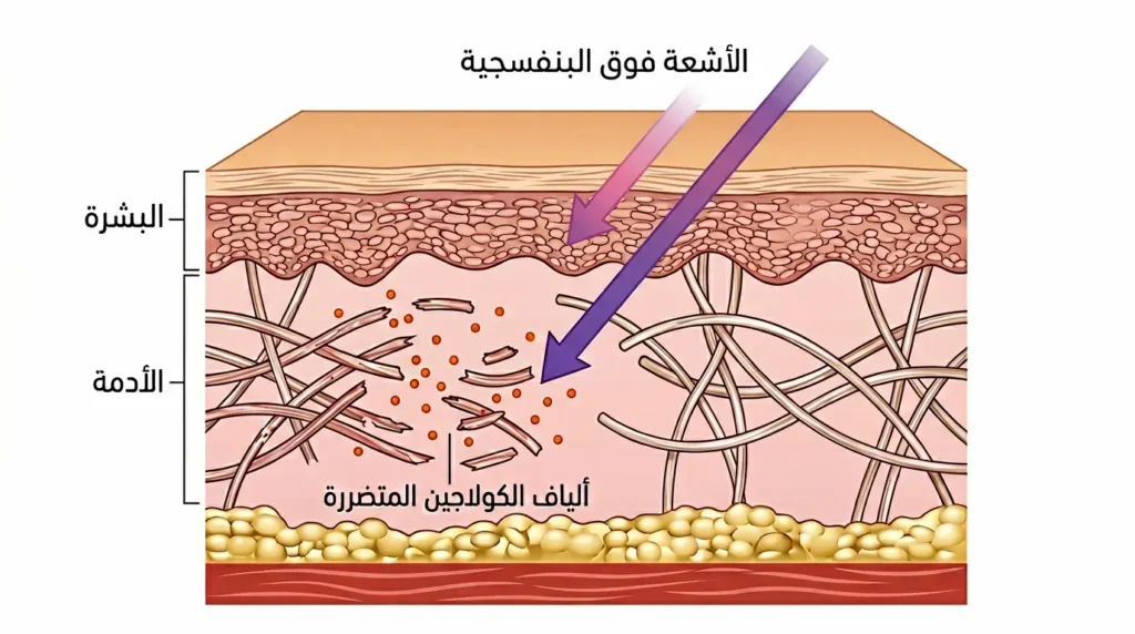 رسم توضيحي طبي واقعي يُظهر مقطعاً عرضياً للجلد واختراق أشعة UVA و UVB وتأثيرها على ألياف الكولاجين في الأدمة