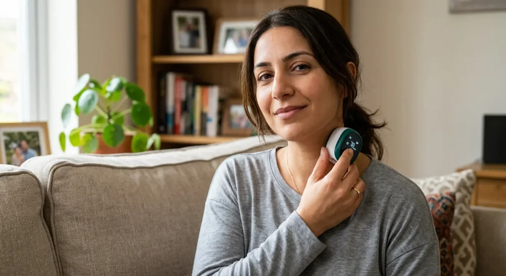  شخص يضع جهاز تحفيز العصب المبهم غير الجراحي على جانب رقبته لعلاج الصداع العنقودي