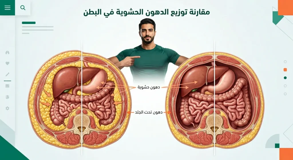 رسم تشريحي يوضح الفرق بين الدهون الحشوية المتراكمة حول الأعضاء والدهون تحت الجلد.