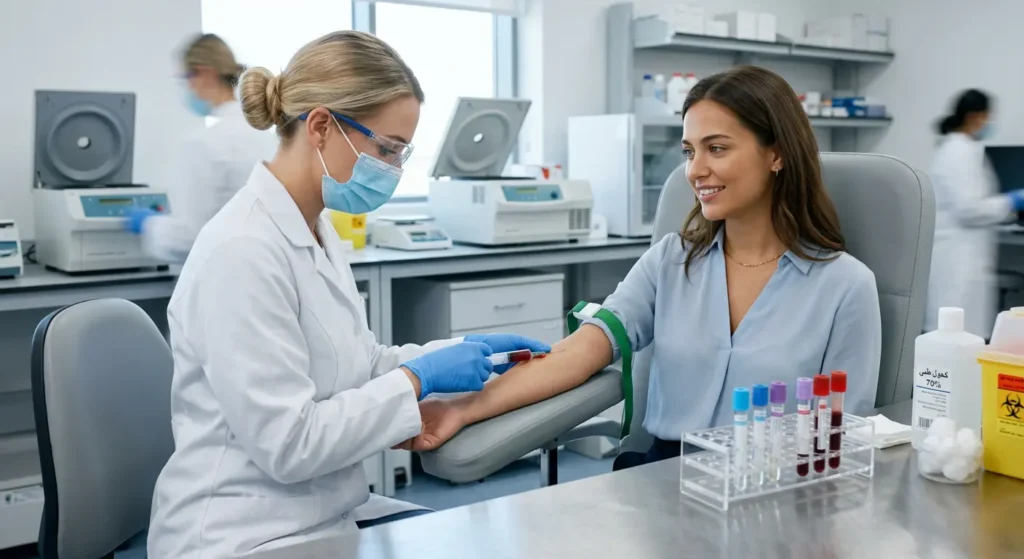 فنية مختبر تسحب عينة دم من ذراع امرأة شابة في مختبر تحاليل حديث مع أنابيب تحاليل ملونة على الطاولة