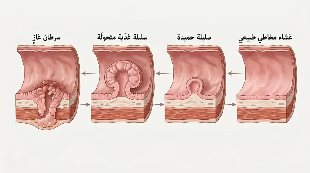 رسم طبي واقعي يوضّح مراحل تحوّل السليلة الحميدة إلى سرطان قولون غازٍ عبر تسلسل الورم الغدّي