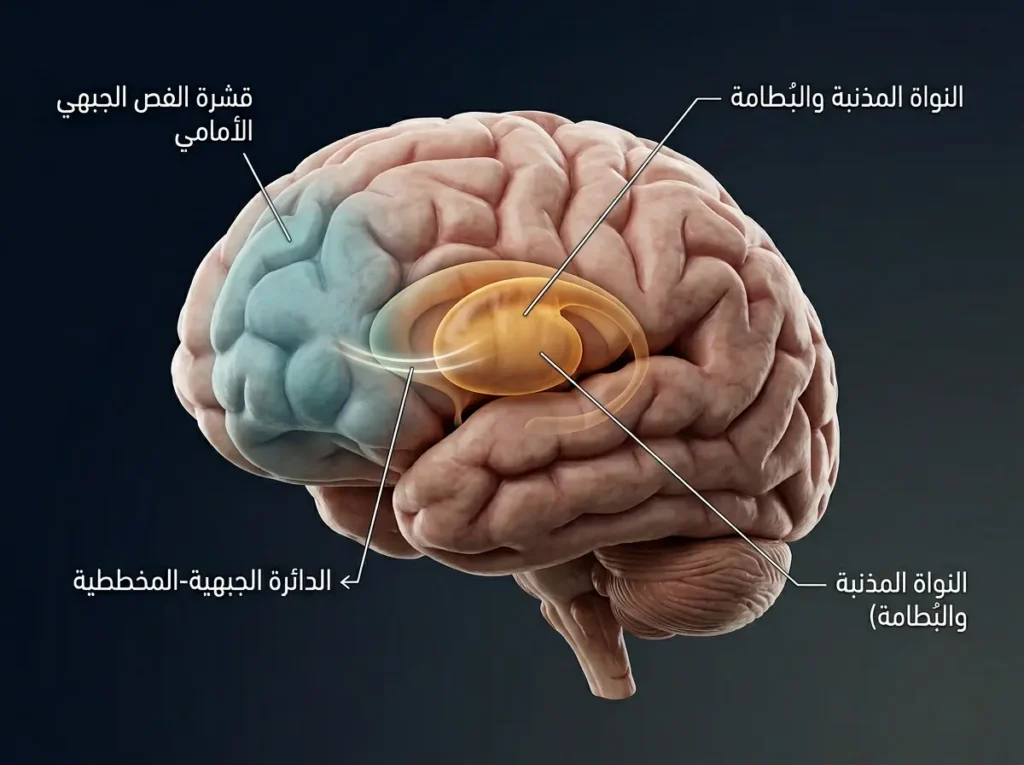 رسم طبي ثلاثي الأبعاد للدماغ يُبرز مناطق الفص الجبهي والعقد القاعدية والدائرة العصبية المتأثرة في اضطراب نقص الانتباه وفرط النشاط