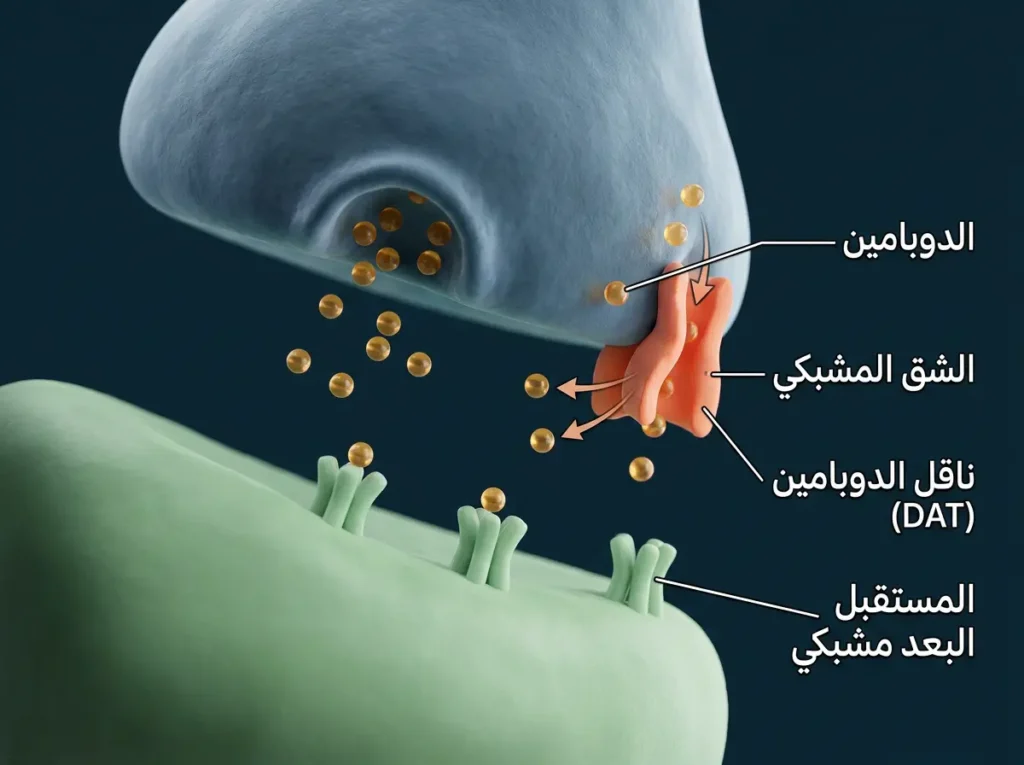 رسم طبي ثلاثي الأبعاد يوضّح آلية نقل الدوبامين في المشبك العصبي وعلاقتها باضطراب نقص الانتباه وفرط النشاط