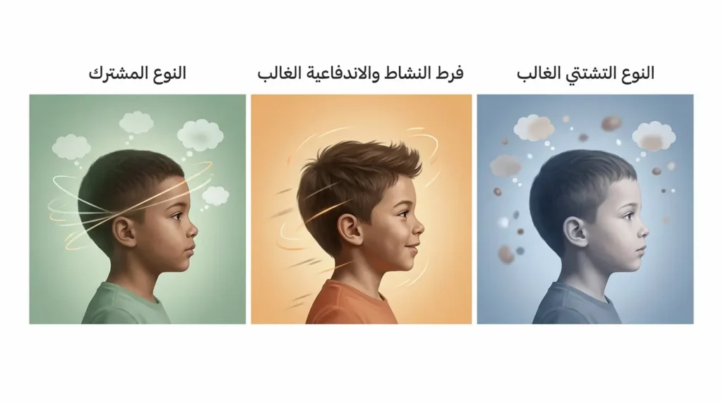 مخطط طبي يوضّح الأنواع الثلاثة لاضطراب نقص الانتباه وفرط النشاط: التشتتي الغالب، فرط النشاط الغالب، والنوع المشترك