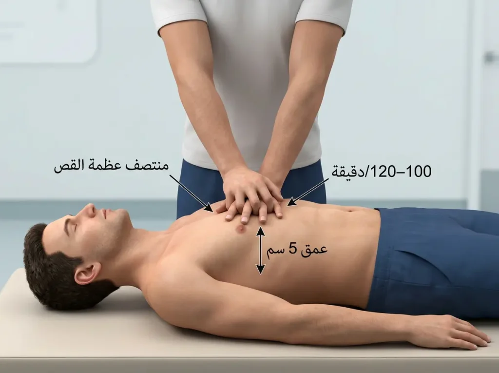 رسم طبي ثلاثي الأبعاد يوضح موضع اليد الصحيح لإجراء الإنعاش القلبي الرئوي للبالغين.
