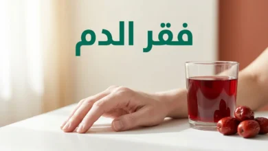 يد شاحبة بجوار عصير رمان وتمر طازج مع نص فقر الدم كغلاف لمقال طبي