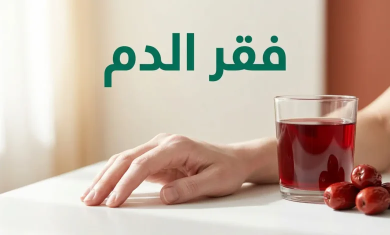 يد شاحبة بجوار عصير رمان وتمر طازج مع نص فقر الدم كغلاف لمقال طبي