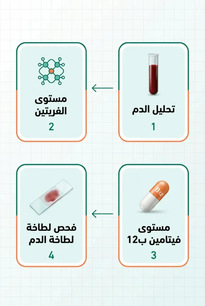 مخطط تشخيصي يوضح خطوات تشخيص فقر الدم بدءاً من تحليل صورة الدم الكاملة ومروراً بمخزون الحديد وفيتامين B12 وصولاً للفحوصات التخصصية