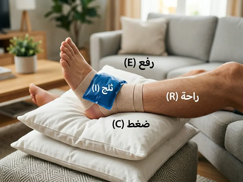 كاحل ملتوٍ ملفوف برباط ضاغط مع كمادة باردة والساق مرفوعة على وسادة.