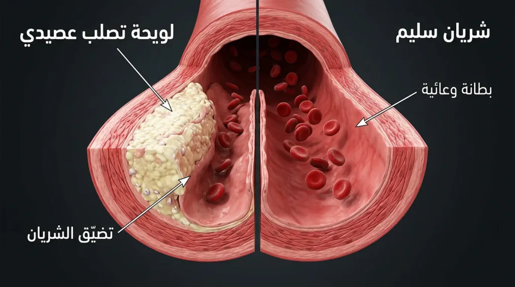 مقطع تشريحي ثلاثي الأبعاد يقارن بين شريان سليم وشريان مبدئ تضيّقه بلويحات تصلبية