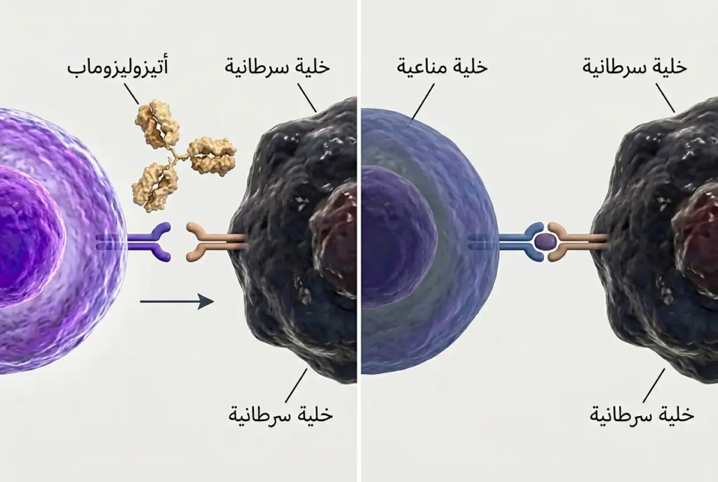 آلية عمل أتيزوليزوماب في تثبيط بروتين PD-L1 وتفعيل الخلايا المناعية ضد السرطان
