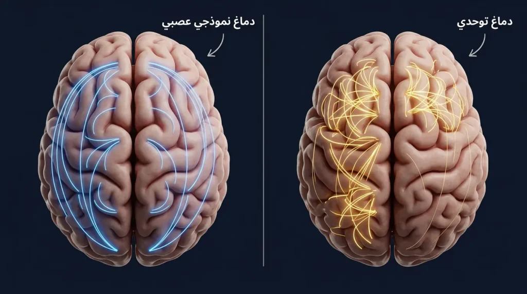 مقارنة ثلاثية الأبعاد بين شبكات الاتصال العصبي في الدماغ النمطي ودماغ طفل التوحد