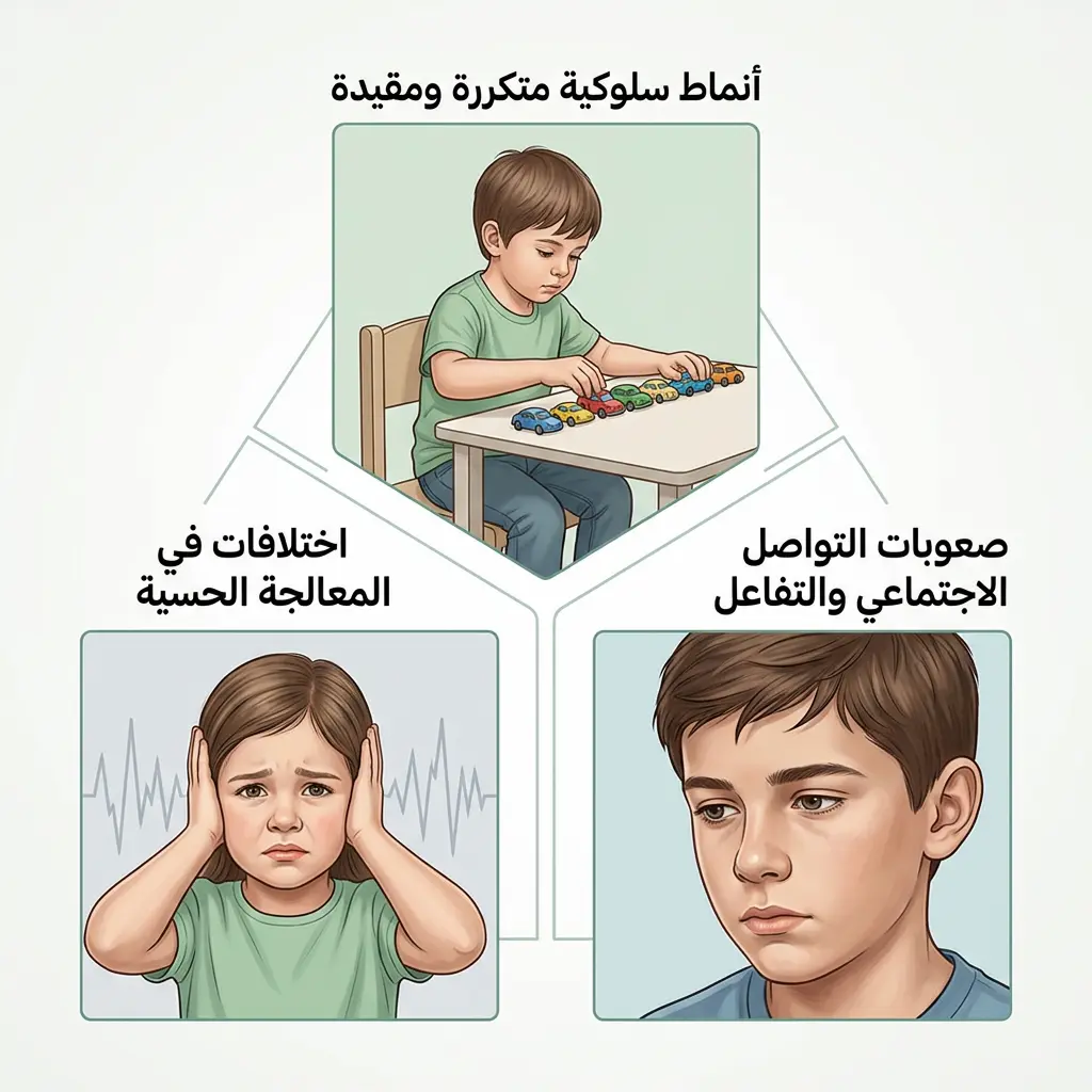 رسم طبي يوضح المحاور الثلاثة الرئيسة لتشخيص اضطراب طيف التوحد وفق DSM-5