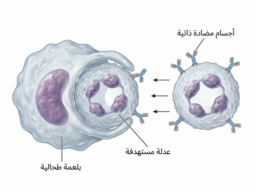 رسم طبي يُوضح آلية مهاجمة جهاز المناعة لكريات الدم البيضاء في أمراض المناعة الذاتية