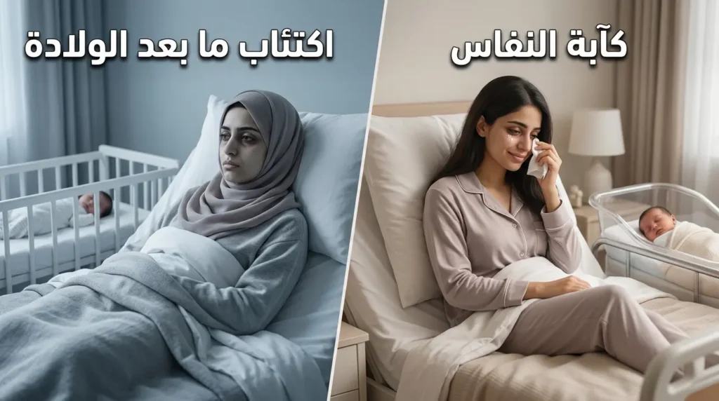 مقارنة بصرية بين كآبة النفاس العابرة والاكتئاب الجسيم بعد الولادة — أمّان في حالتين مختلفتين