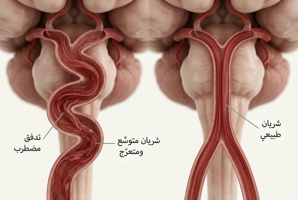 مقارنة ثلاثية الأبعاد بين الشريان القاعدي الطبيعي والشريان القاعدي المتوسِّع مع إظهار اضطراب تدفق الدم