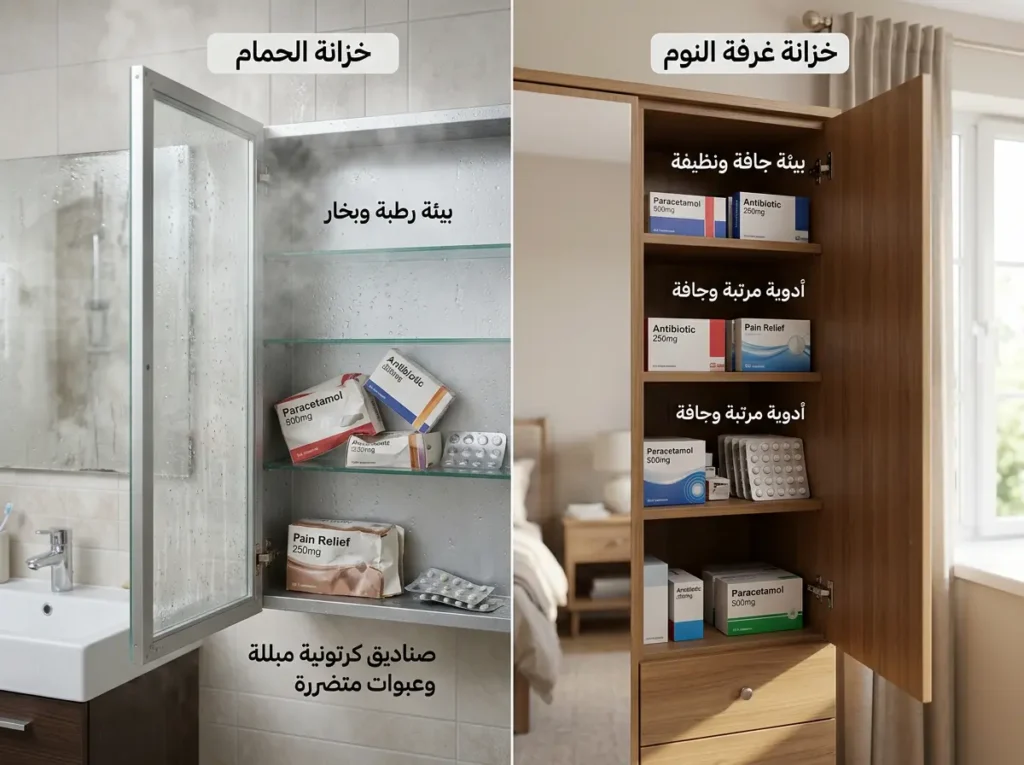 مقارنة بصرية بين تخزين الأدوية في خزانة حمام رطبة وخزانة جافة مناسبة داخل غرفة النوم.