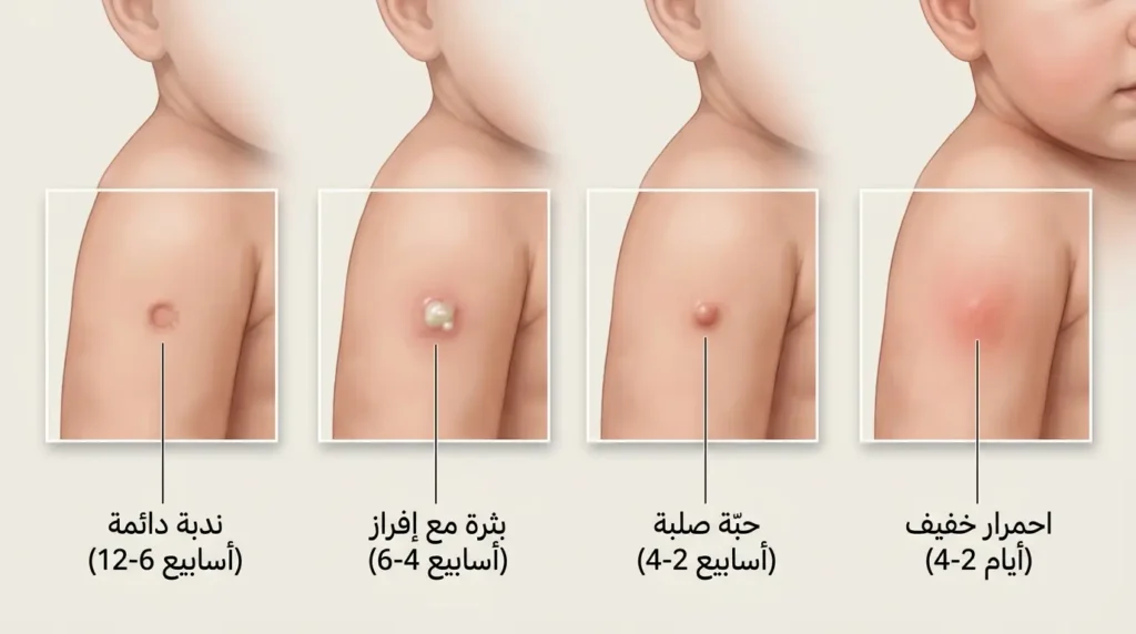 صورة توضيحية تُظهر مراحل تطور موضع تطعيم BCG من الاحمرار إلى تكوين الندبة