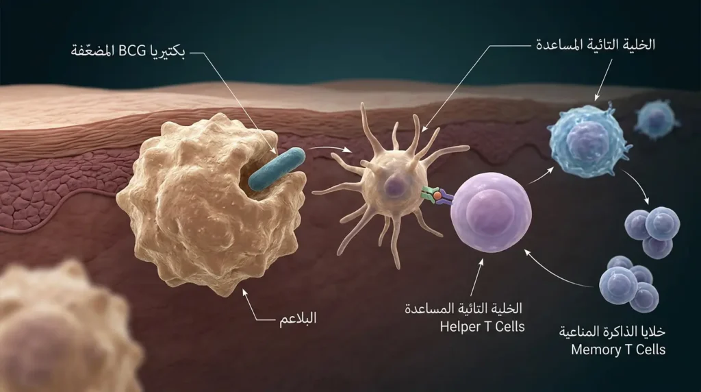 رسم طبي ثلاثي الأبعاد يوضح كيف يُحفّز لقاح BCG الجهاز المناعي عبر الخلايا التائية والبلاعم