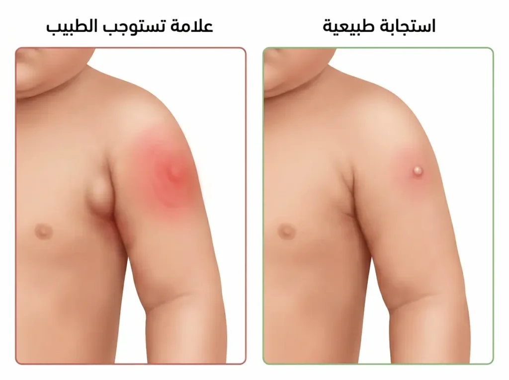مقارنة بصرية بين الاستجابة الطبيعية بعد تطعيم BCG والعلامات التحذيرية التي تستوجب زيارة الطبيب