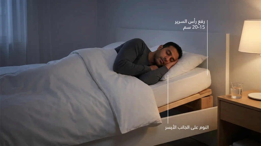 شخص ينام على جانبه الأيسر في سرير مرتفع الرأس لتقليل الارتجاع الليلي