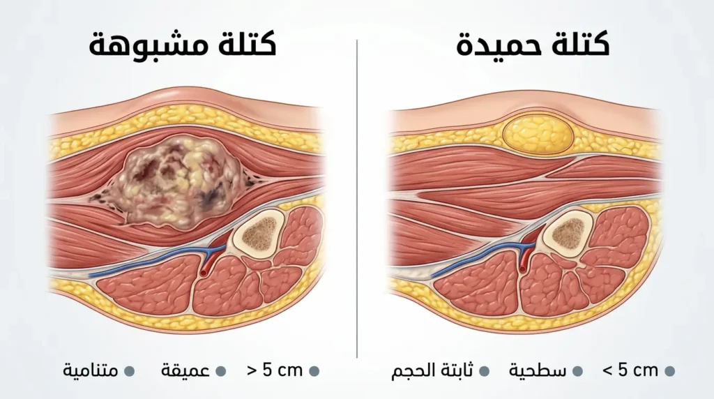 رسم طبي مقارن يوضح الفرق بين كتلة حميدة سطحية صغيرة وكتلة مشبوهة عميقة كبيرة في الفخذ.