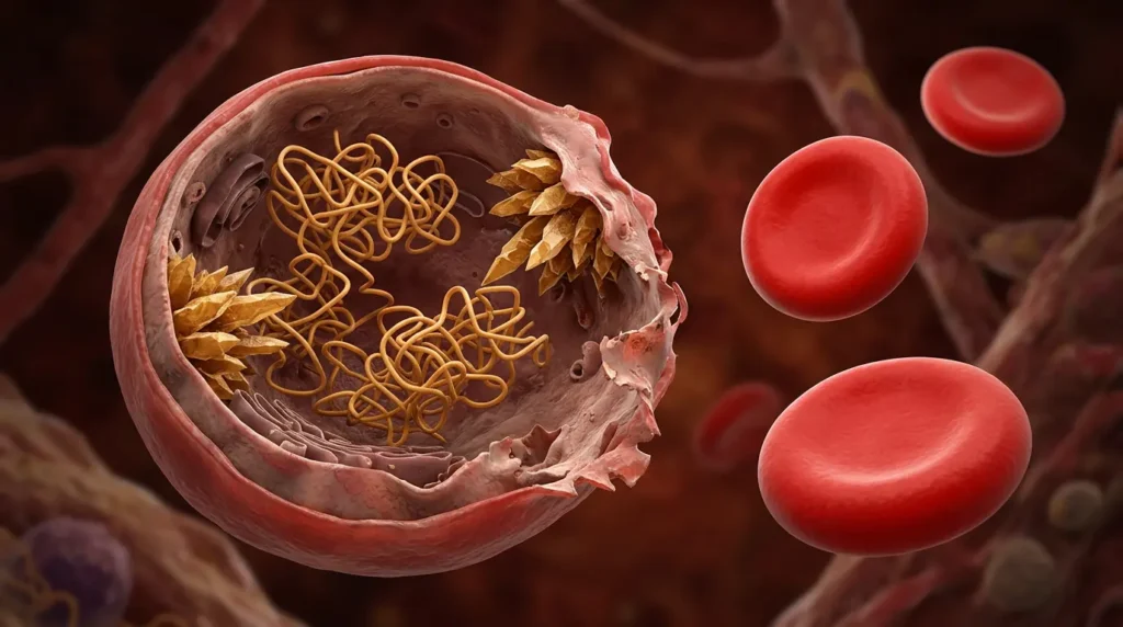 مقطع ثلاثي الأبعاد يُظهر تراكم سلاسل ألفا غلوبين الزائدة داخل خلية دم حمراء في حالة الثلاسيميا