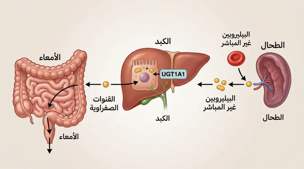 رسم توضيحي طبي واقعي يُظهر مسار البيليروبين من تكسّر كريات الدم الحمراء في الطحال مروراً بالكبد وصولاً إلى الأمعاء