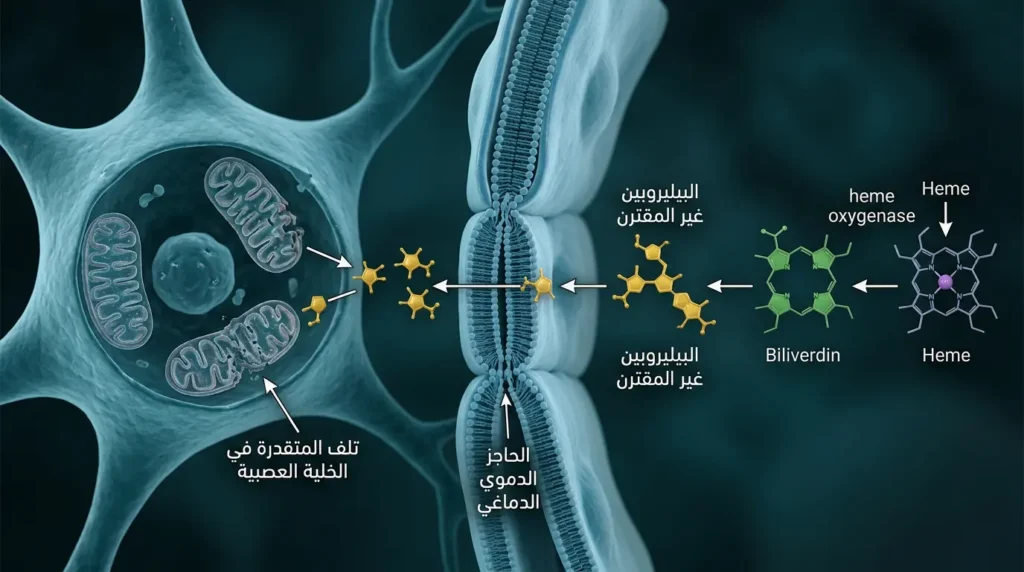 رسم ثلاثي الأبعاد يوضح كيف يعبر البيليروبين غير المقترن الحاجز الدموي الدماغي ويتلف المتقدرات في الخلايا العصبية