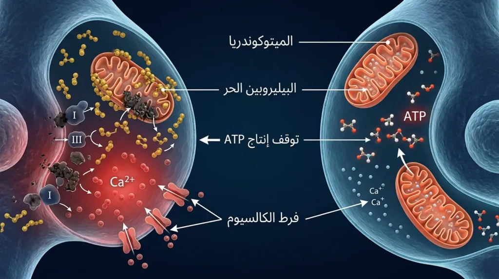 رسم طبي دقيق يُظهر تأثير البيليروبين على الميتوكوندريا وسلسلة نقل الإلكترونات داخل الخلية العصبية