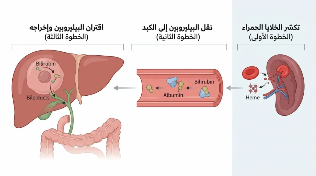 رسم طبي يوضح مراحل تكوين البيليروبين من تكسر خلايا الدم الحمراء حتى إخراجه عبر الكبد