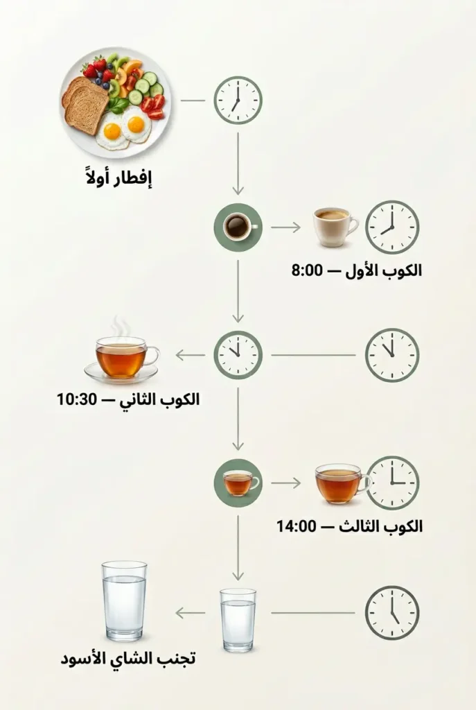 جدول زمني بصري يوضح أفضل مواعيد شرب الشاي الأسود على مدار اليوم