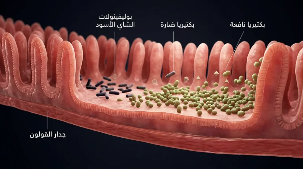 رسم طبي ثلاثي الأبعاد يُظهر تأثير بوليفينولات الشاي الأسود على البكتيريا النافعة في القولون