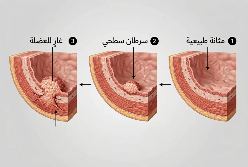 مقارنة بين المثانة الطبيعية وسرطان المثانة السطحي والغازي للعضلات