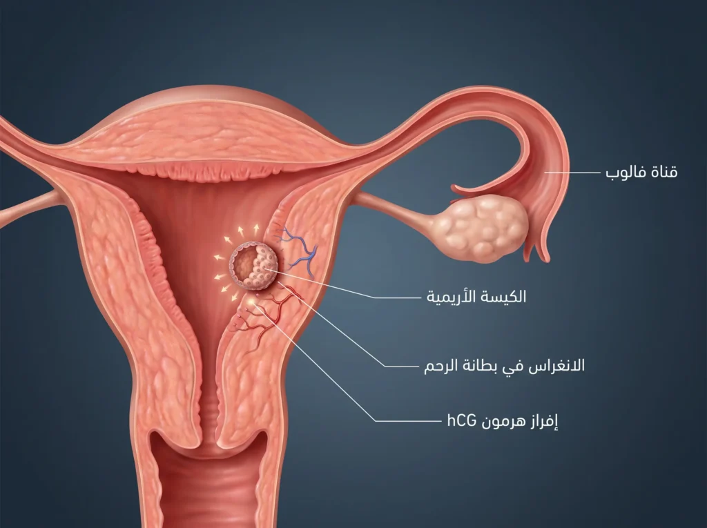 رسم طبي ثلاثي الأبعاد يُوضح رحلة الكيسة الأريمية عبر قناة فالوب وانغراسها في بطانة الرحم مع بدء إفراز هرمون hCG