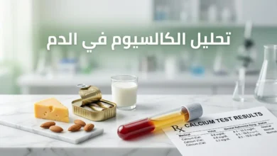صورة غلاف مقال تحليل الكالسيوم في الدم تُظهر أنبوب تحليل مخبري وتقرير طبي وأطعمة غنية بالكالسيوم بخلفية مختبر نظيفة