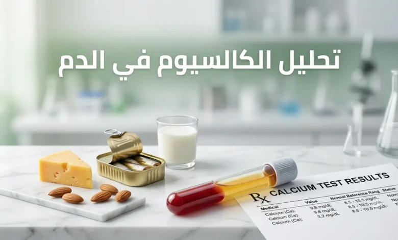 صورة غلاف مقال تحليل الكالسيوم في الدم تُظهر أنبوب تحليل مخبري وتقرير طبي وأطعمة غنية بالكالسيوم بخلفية مختبر نظيفة