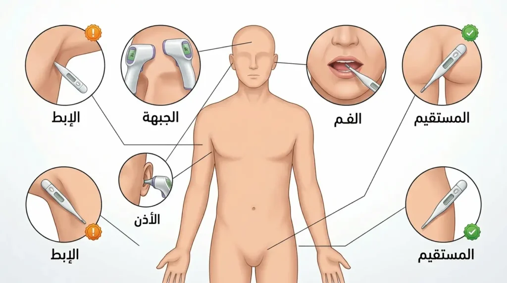 رسم طبي يقارن بين خمس طرق لقياس حرارة الجسم مرتبة حسب الدقة من المستقيم إلى الإبط
