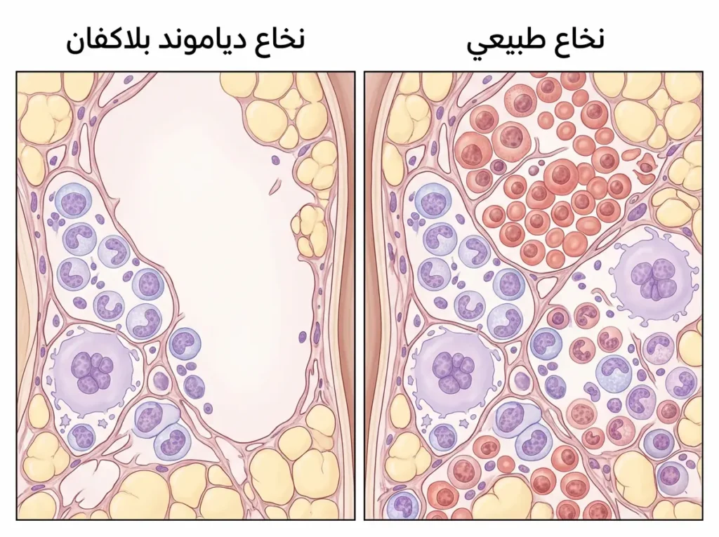 مقارنة بين نخاع العظم الطبيعي ونخاع العظم في متلازمة دياموند بلاكفان — غياب الكريات الحمراء السليفة