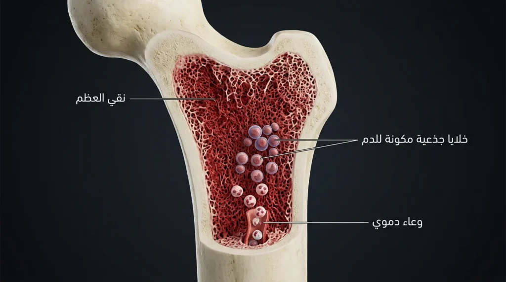 مقطع تشريحي ثلاثي الأبعاد لعظم الفخذ يكشف نقي العظم وعملية تكوين كريات الدم البيضاء