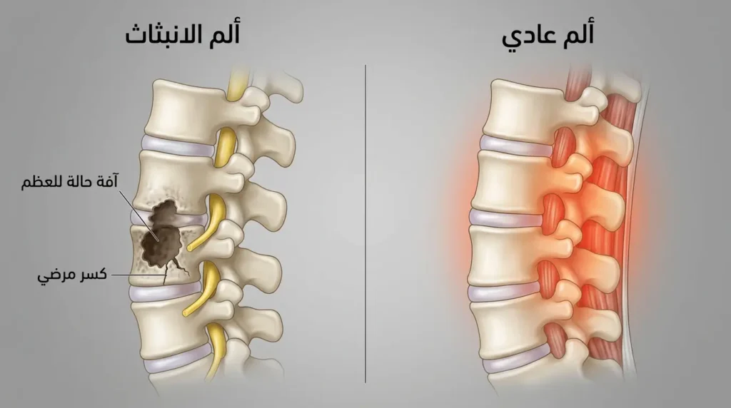 مقارنة طبية واقعية بين ألم العضلات العادي في العمود الفقري السليم وألم الانبثاث العظمي مع آفة حالة وكسر مرضي في الفقرة