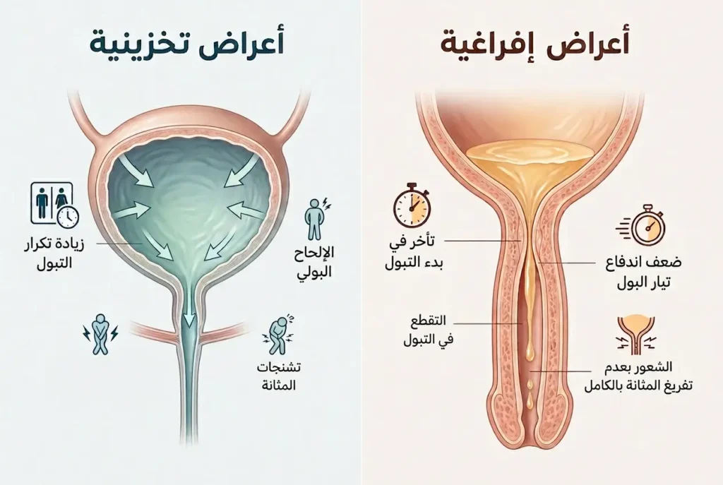 مخطط طبي يوضح الفرق بين الأعراض الإفراغية والتخزينية في تضخم البروستاتا الحميد