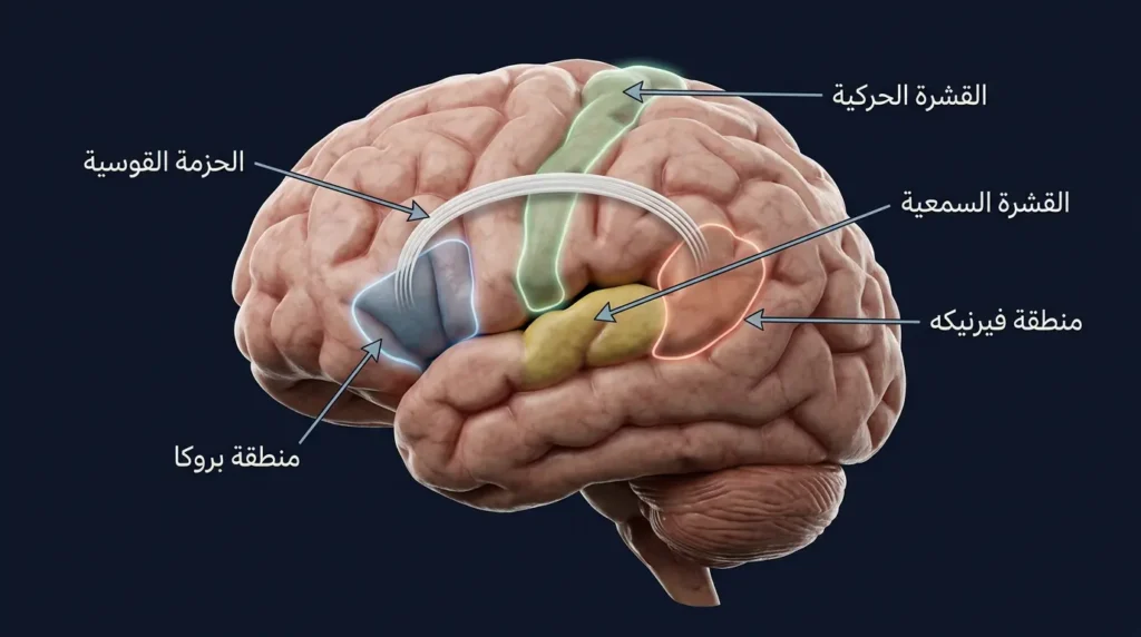 رسم طبي ثلاثي الأبعاد للنصف الأيسر من الدماغ يُظهر مناطق اللغة الرئيسة: القشرة السمعية ومنطقة فيرنيكه والحزمة القوسية ومنطقة بروكا والقشرة الحركية