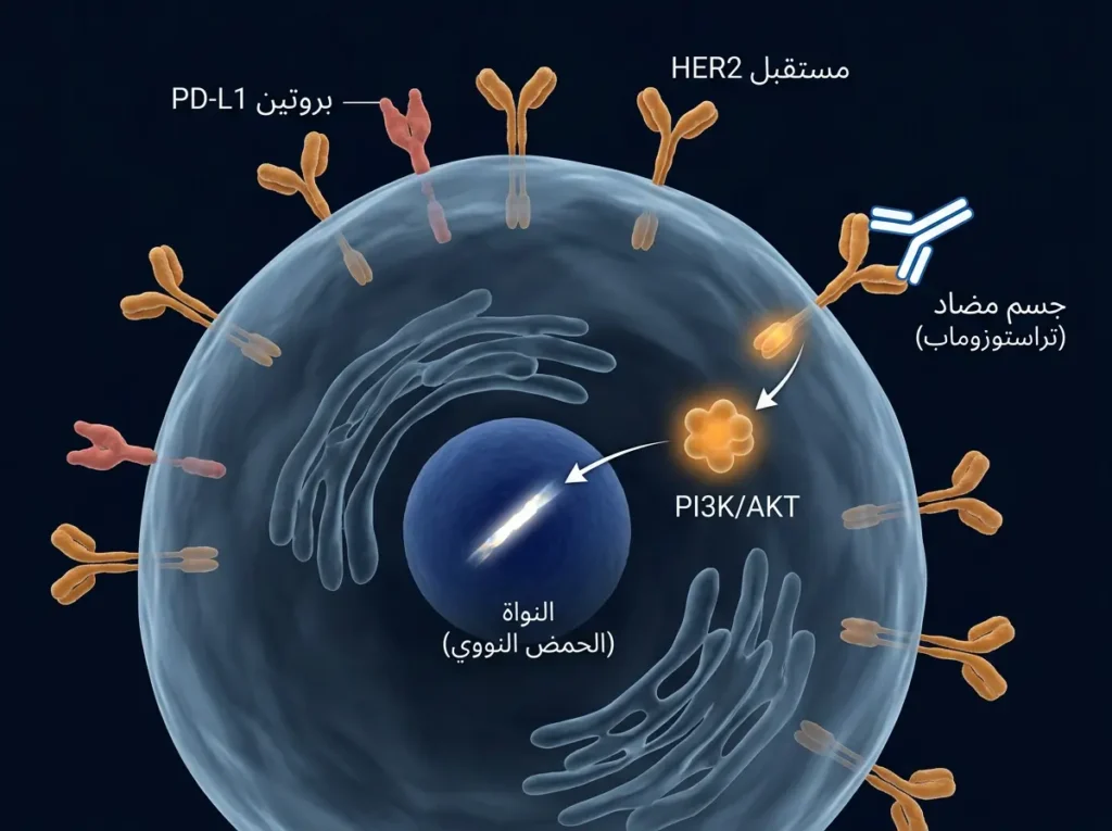 رسم ثلاثي الأبعاد للخلية السرطانية يُوضّح مستقبل HER2 وبروتين PD-L1 وآلية عمل دواء تراستوزوماب