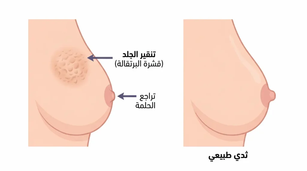 رسم طبي مقارن يُظهر ثدياً طبيعياً وعلامتين تحذيريتين: تنقير الجلد وتراجع الحلمة