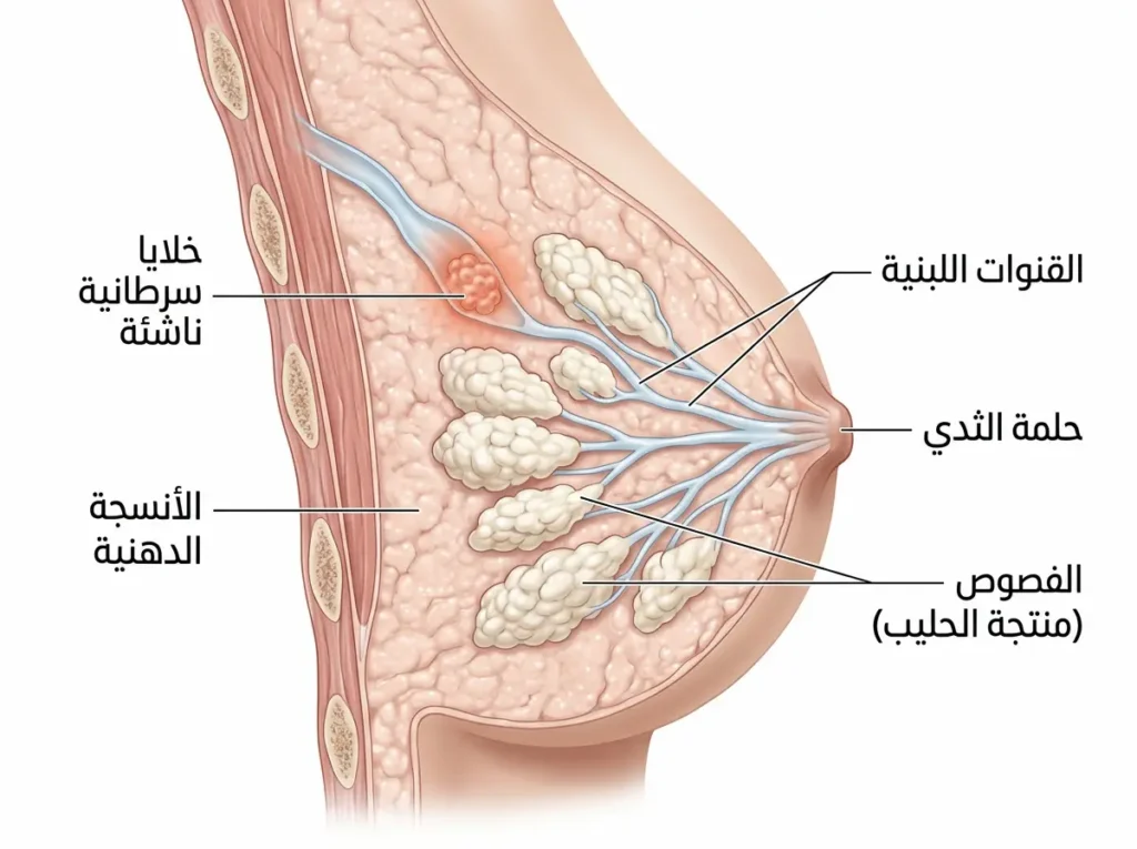 رسم تشريحي ثلاثي الأبعاد للثدي يُظهر الفصوص والقنوات اللبنية وموقع نشوء الورم