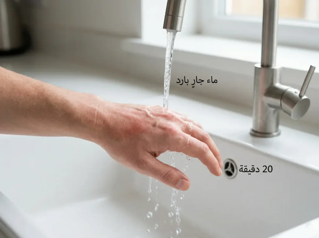 يد مصابة بحرق سطحي بسيط تُبرَّد تحت ماء جارٍ بارد في صورة واقعية نظيفة.