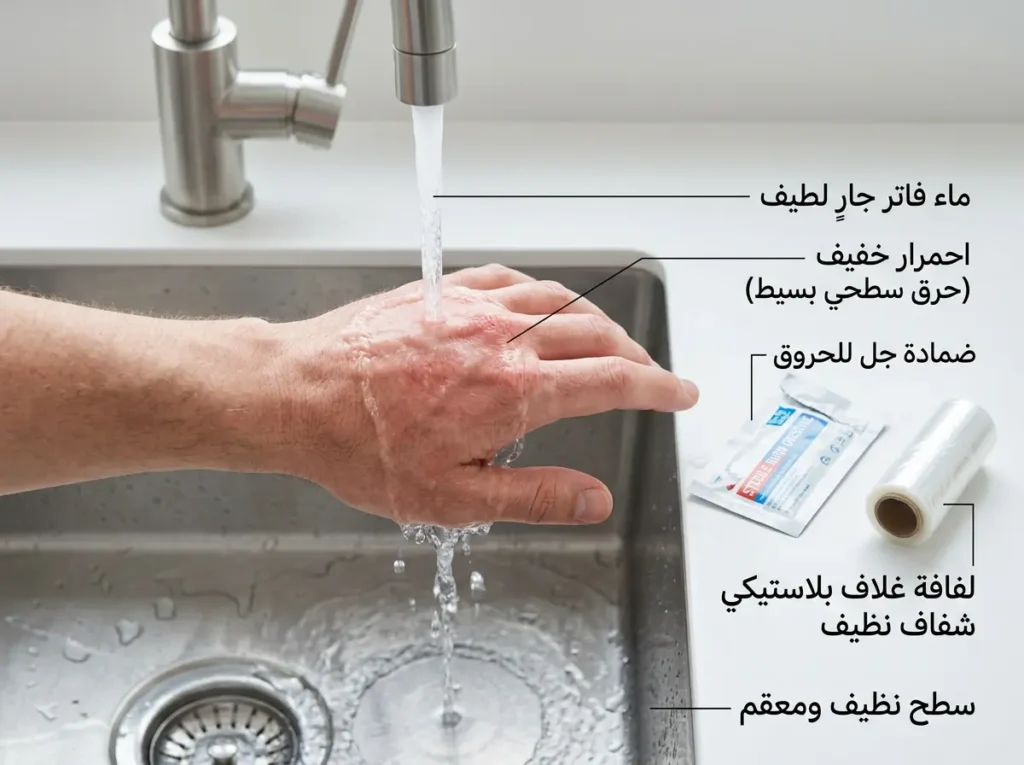 يد مصابة بحرق سطحي بسيط تُبرَّد تحت ماء فاتر مع ظهور ضمادة جل للحروق وغلاف بلاستيكي نظيف بجانبها.