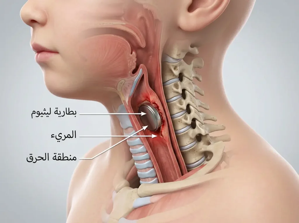 مقطع طبي ثلاثي الأبعاد يوضح بطارية ليثيوم عالقة في مريء طفل مع منطقة حرق موضعي